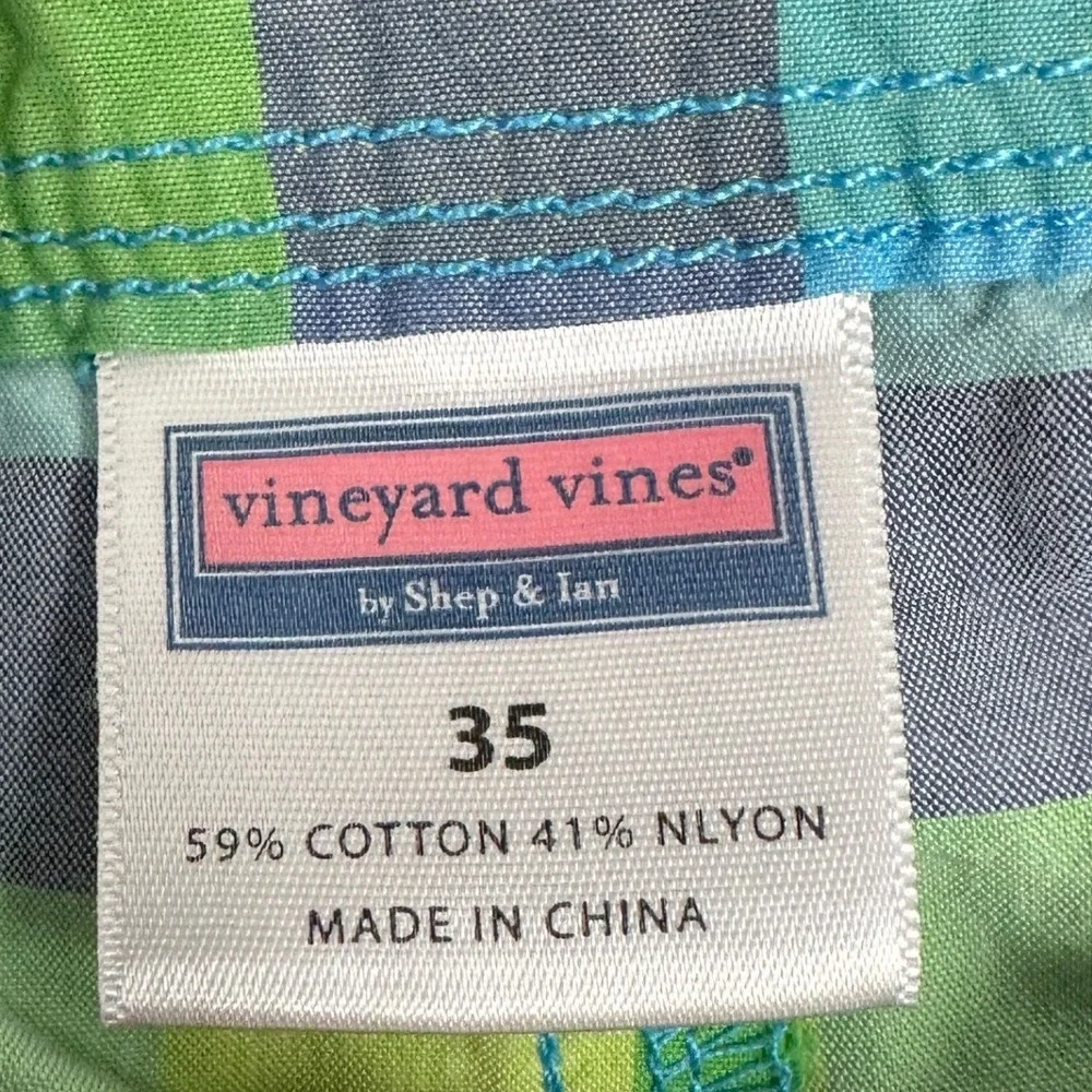 Vineyard Vines Nylon Blend Board Shorts Mens 35 Swim Trunks Blue Green Checkered